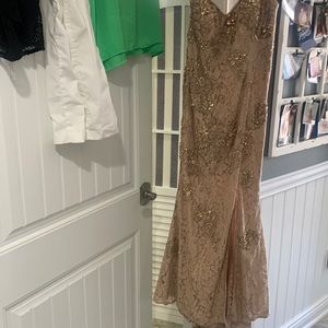 Tan gold beading long with slit evening dress